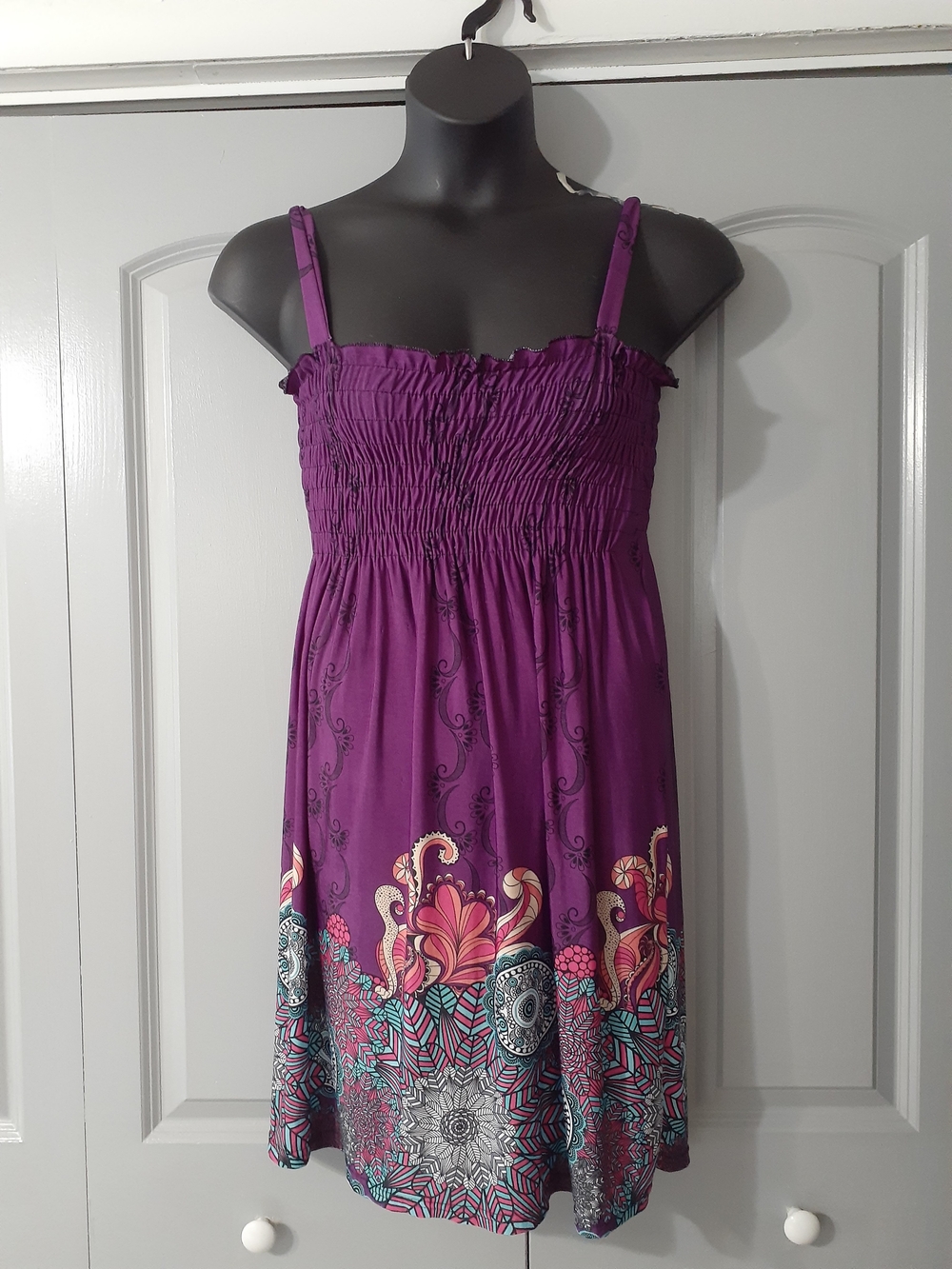 Ella Purple Smocked Dress with Decorative Floral Paisley Hem